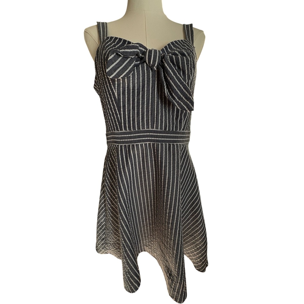 Roz & Ali Navy White Striped Bow Front Handkerchief Hem Fit Flare Dress Size 6
